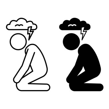 Travma Simgeleri. Siyah ve Beyaz Vektör Resimleri. Dizlerinin üstünde oturan adam, üzerinde kara bulut olan. Stresli ya da travmatik bir olay yaşayan kişi. Akıl Sağlığı Konsepti