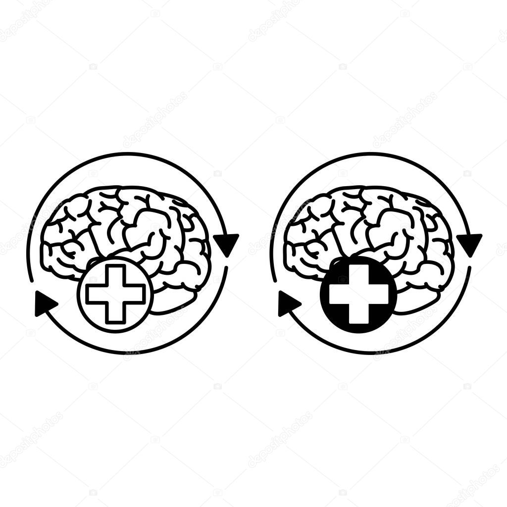 Recovery Mental Health Icons. Black and White Vector Illustrations. Human Brain. Psychology, Psychotherapy and Healthy Lifestyle