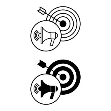 Reklam Simgeleri 'nden. Siyah ve Beyaz Vektör Resimleri. Megafon ve Arrow 'la Hedef. Hedef Seyirciyi Tanıtım Nesnesine Çekmek İçin İletişim. Etki Konsepti