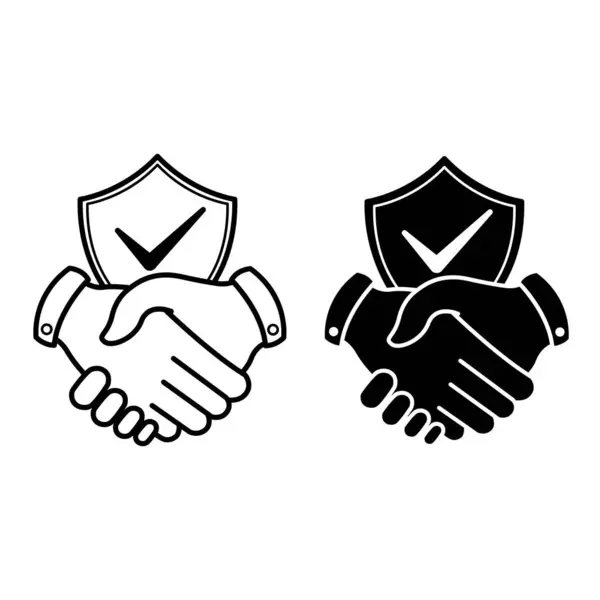 Simgelere güven. Siyah ve Beyaz Vektör Resimleri. Tokalaşma ve Kalkan. Dürüstlük, Terbiye ve Başka Bir Kişinin İyi Niyetlerine İnanç. Etki Konsepti