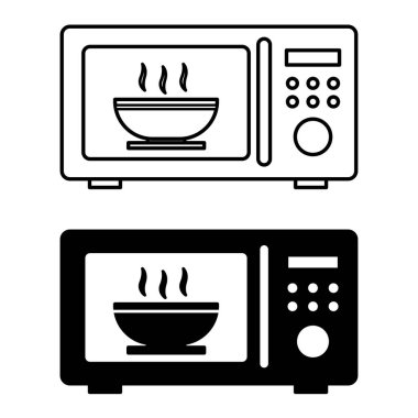 Mikrodalga Simgeleri. Siyah ve Beyaz Vektör İllüzyonu. Isıtma ve Yemek Pişirmek için Elektrik Cihazı. Gadget, Teknoloji. Aygıt Kavramı
