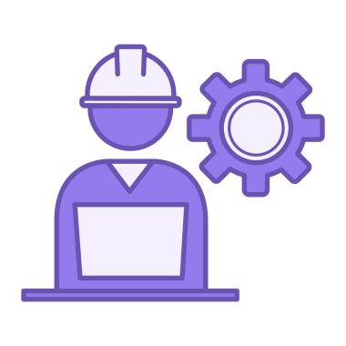 Renkli Mühendis Simgesi. Vektör İllüstrasyonu. Miğferli Adam ve Laptop, Dişli. Mühendislik Uzmanı. Yapım, İnşaat. Mühendislik Konsepti