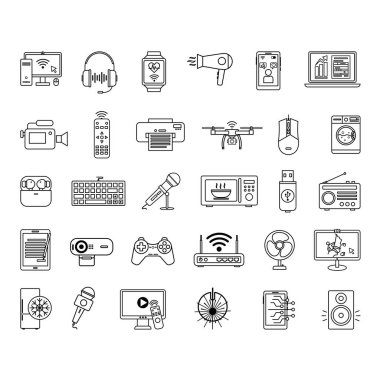 Simge Ayarlama Aygıtları. Vector Illustrations Bilgisayar, Akıllı Telefon, Kulaklıklar, Akıllı Seç, TV, Mikrofon, Drone, Çamaşır Makinesi, Webcam, Modem, Buzdolabı, Yazıcı ve diğerleri