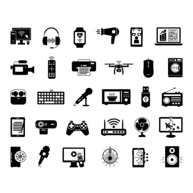 Siyah Simge Aygıtları. Vector Illustrations Bilgisayar, Akıllı Telefon, Kulaklıklar, Akıllı Seç, TV, Mikrofon, Drone, Çamaşır Makinesi, Webcam, Modem, Buzdolabı, Yazıcı ve diğerleri