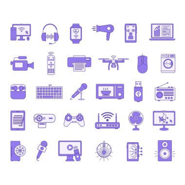 Renkli Simge Aygıtları. Vector Illustrations Bilgisayar, Akıllı Telefon, Kulaklıklar, Akıllı Seç, TV, Mikrofon, Drone, Çamaşır Makinesi, Webcam, Modem, Buzdolabı, Yazıcı ve diğerleri