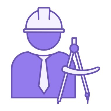 Renkli Mimar Simgesi. Vektör İllüstrasyonu. Kask ve Pusula 'daki adam. Tasarım ve Yaratıcı Binalar Uzmanı. Mühendislik Konsepti