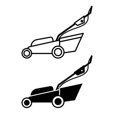 Çim biçme makinesi simgeleri. Siyah ve Beyaz Vektör İllüzyonu. Çim biçme makinesi. Ev Aletleri Kontratı