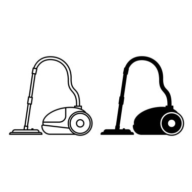 Süpürge Temizleyici Simgeleri. Siyah ve Beyaz Vektör İllüzyonu. Toz temizleme makinesi. Ev Aletleri Konsepti