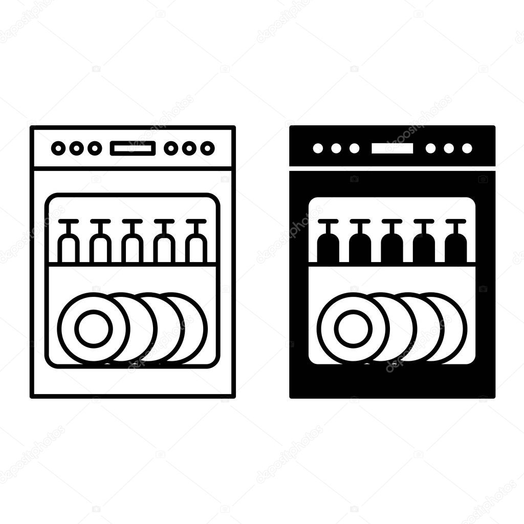Dishwasher Icons. Black and White Vector Illustration. Electromechanical Installation for Automatic Dish Washing. Household Appliances Concept