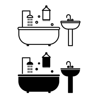 Banyo Simgeleri. Siyah ve Beyaz Vektör Resimleri. Banyoya, havluya, lavaboya ve musluğa su doluyor. Banyo yapmak ya da duş almak için evde bir oda. Hijyen Konsepti