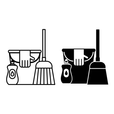 Simgeler Temizleniyor. Siyah ve Beyaz Vektör Resimleri. Kova, Süpürge, Lastik Eldiven ve Deterjan. Ev 'de temizlik var. Hijyen Konsepti