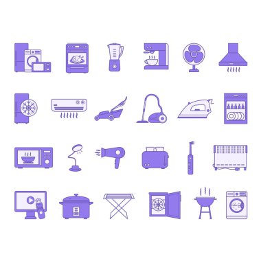 Renkli ev aletleri seti. Vector Illustrations Buzdolabı, çamaşır makinesi, fırın, elektrikli süpürge, mikrodalga fırın, tost makinesi, demir, klima, çim biçme makinesi, kahve makinesi, saç kurutma makinesi, pilav pişirici ve diğerleri.