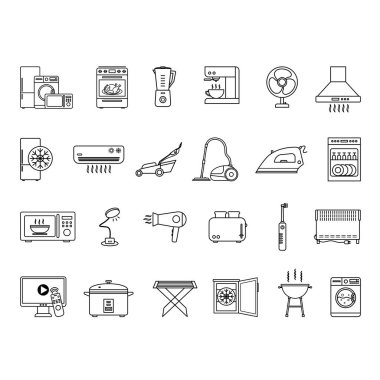 Ev aletleri seti. Vector Illustrations Buzdolabı, çamaşır makinesi, fırın, elektrikli süpürge, mikrodalga fırın, tost makinesi, demir, klima, çim biçme makinesi, kahve makinesi, saç kurutma makinesi, pilav pişirici ve diğerleri.