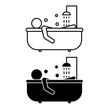 Balon Simgeleri. Siyah ve Beyaz Vektör İllüzyonu. Banyo yapan adam. Su akışı ve sabun köpükleri uçuyor. Hijyen Konsepti