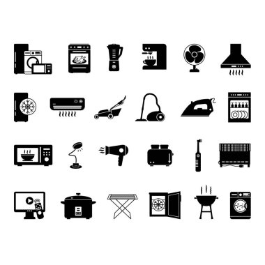 Siyah ev aletleri seti. Vector Illustrations Buzdolabı, çamaşır makinesi, fırın, elektrikli süpürge, mikrodalga fırın, tost makinesi, demir, klima, çim biçme makinesi, kahve makinesi, saç kurutma makinesi, pilav pişirici ve diğerleri.