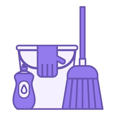 Renkli Temizlik Simgesi. Vektör İllüstrasyonu. Kova, Süpürge, Lastik Eldiven ve Deterjan. Ev 'de temizlik var. Hijyen Konsepti
