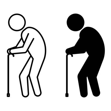 Tebeşir Simgeleri. Siyah ve Beyaz Vektör Resimleri. Yaşlı adam Cane 'e yaslanıyor. Hastalık, ilaç gibi. Engellilik Konsepti