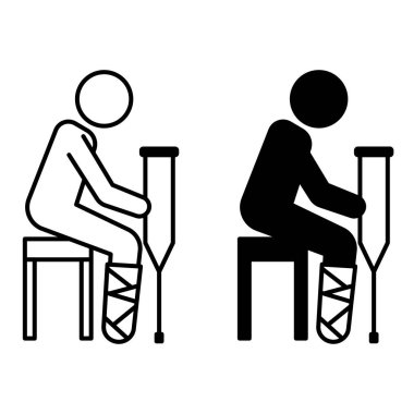 Kırık Bacak Simgeleri. Siyah ve Beyaz Vektör İllüzyonu. Sandalyede bacağında alçıyla oturan adam. Sakatlık, hastalık, tıp. Engelli Onaylaması