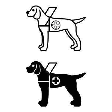 Köpek Simgeleri Rehberi. Siyah ve Beyaz Vektör İllüzyonu. Körlerin hareket etmesine yardım eden özel eğitimli bir hayvan. Engellilik Konsepti