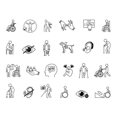 Engelli Simgesi Ayarlandı. Vektör İllüstrasyonları Tekerlekli Sandalye, Koltuk değnekleri, Körlük, Sağırlık, İşaret Dili, Kapsama, Konuşma Bozukluğu, Zihinsel Hastalık, Ramp, İşitme Cihazı ve Daha Fazla