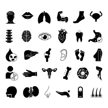 Siyah Anatomi Simgesi Seti. Vektör Resimleri: Kafa, Göz, Burun, Ağız, Kulak, Kol, Bacak, Omurga, Ciğerler, Böbrekler, Mide, Karaciğer, Saç, Beyin, Kalp, DNA ve Daha Fazla