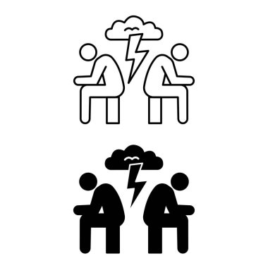 Çatışma Simgeleri. Siyah ve Beyaz Vektör Resimleri. Karşıt Yönlendirilmiş Hedefler, İlgiler ve Görüşler Çatışması. Birbirine sırt çevirmiş iki kişi, Fırtına Bulutu, Tartışma. Konsept Psikolog