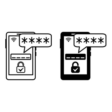 Bir Zaman Parolası Simgeleri. Siyah ve Beyaz Vektör İllüzyonu. Cep telefonu, Gizli Kod ve Mark ile Kilit. OTP, sisteme giriş yaparken Kimliği doğrulamak için kullanılan geçici kod. Parola ve Veri Güvenliği Konsepti