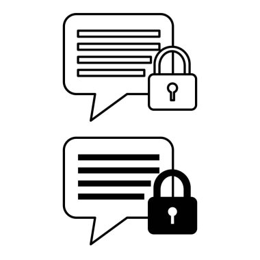 Özel Mesaj Simgeleri. Siyah ve Beyaz Vektör İllüzyonu. Konuşma köpüğü ve asma kilit. Özel Online Sohbet Kanalı Sadece Sohbet Katılımcılarına Erişilebilir. Parola ve Veri Güvenliği Konsepti