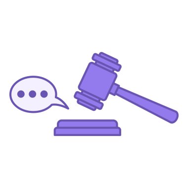 Renkli Karar Simgesi. Vektör İllüstrasyonu. Yargıç Gavel ve Konuşma Balonu. Jüri, sanığın suçluluğu ya da masumiyeti hakkında karar verdi. Adalet Konsepti