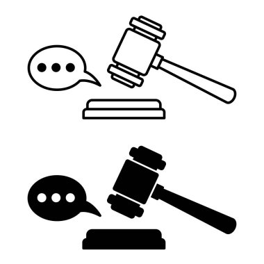 Simgeler Karar Verin. Siyah ve Beyaz Vektör İllüzyonu. Yargıç Gavel ve Konuşma Balonu. Jüri, sanığın suçluluğu ya da masumiyeti hakkında karar verdi. Adalet Konsepti