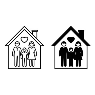 Aile Evi Simgeleri. Siyah ve Beyaz Vektör Resimleri. Bekar Aile Yaşamı Konutu. Baba, anne ve çocuk. Aile Kavramı