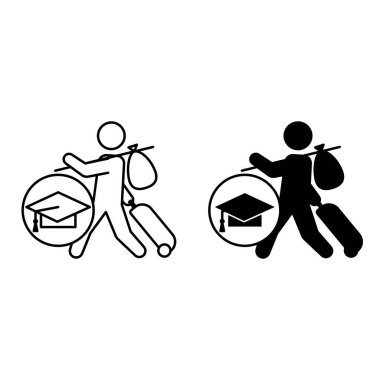 Eğitim Erişim Simgeleri. Siyah ve Beyaz Vektör Resimleri. Çantası ve mezuniyet şapkası olan bir mülteci. Okul ve Üniversite Eğitimi, Sürekli Eğitim. Dünya Mülteci Kavramı