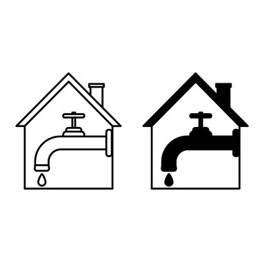 Su Tedarik Simgeleri. Siyah ve Beyaz Vektör Resimleri. Musluktan ve evden su damlası. Dünya Mülteci Kavramı