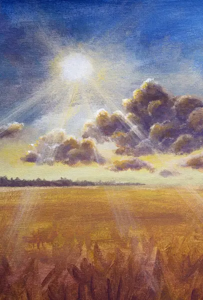 Big cloud and warm rays of summer sun over a ripe brown field of wheat rye bread painting with acrylic on canvas. Beautiful landscape hand painted by artist