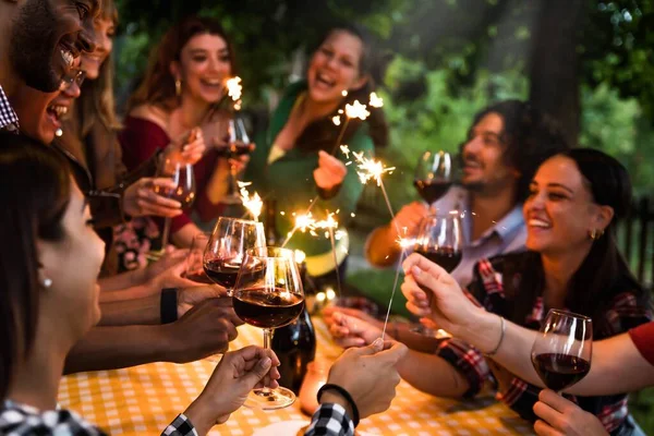 Young People Having Fun Fire Sparklers Night Time — Stock Photo, Image