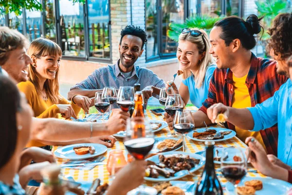 Multiracial People Eating Food Barbecue Backyard Home Party — Stock Photo, Image