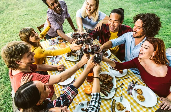 Multiracial People Eating Food Barbecue Backyard Home Party — Stock Photo, Image