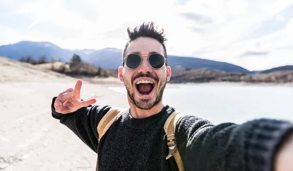 Handsome Man Backpack Taking Selfie Nature Male Tourist Smiling Camera — Stock Photo, Image