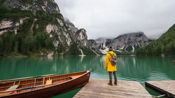 イタリアのBraiesにある高山湖を訪れるハイカーのリアビューの肖像画 黄色のジャケットとバックパックを着た幸せな男は秋に自然の風景をお楽しみください 欲望と旅 ロイヤリティフリーのストック画像