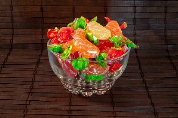 Colorful Jelly Candy Table Multi Color Caramels Glass Plate Stock Picture
