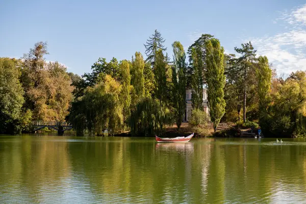Parktaki göl. Sonbahar manzarası. Arka planda ağaçlar olan göl..