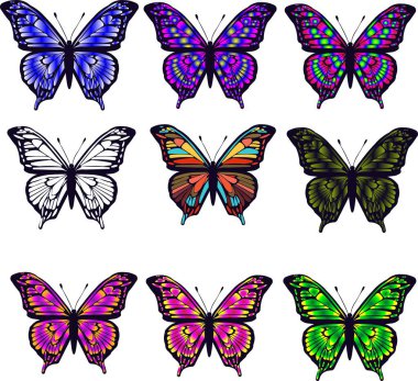  Set çeşitli renkli ve çeşitli kelebek görüntülerinden oluşur. Kelebeklerde farklı gölgeler var. Eşsiz bir gökkuşağı etkisi yaratıyorlar. Çeşitli el işleri ve dekorasyonlar yapmak için kullanılabilirler..