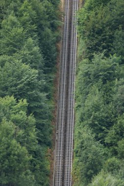 Bir hava çekimi, doğanın kalbinde bir bağlantı sembolü olan yoğun bir ormanı kesen tren raylarıyla İsviçre mühendisliğinin hassasiyetini gözler önüne serer..