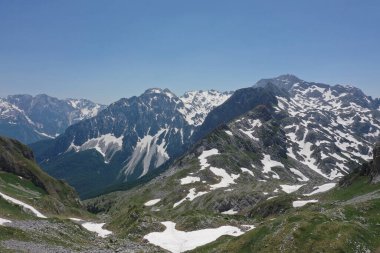 Overlooking the majestic Albanian Alps, the contrast between the lush green valleys and the remaining snow offers a stunning example of nature's artistry, captured beautifully in this summer scene.