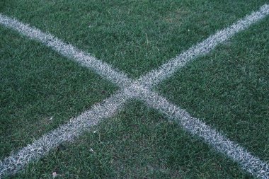 A pristine soccer field in Denmark, showcasing the vibrant green turf and meticulously marked white lines intersecting at a central point, evoking a sense of competition and strategy.