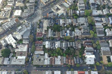 The dense architecture and bustling streets of San Francisco are captured in this high-altitude drone shot, offering a unique perspective on urban life in the city.