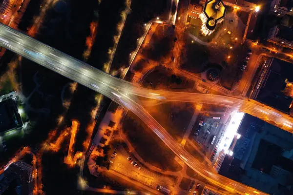 Striking Drone Photo Captures Unique Confluence Roads Prague Night Artificial — Stock Photo, Image