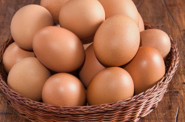 Kırsal ahşap arka planı olan bir sepete yerleştirilmiş çiğ kahverengi yumurtalar.