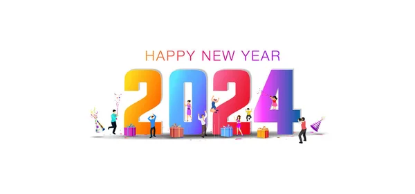 2024年新年欢迎派对的理念 人们聚在一起庆祝新的2024年 — 图库矢量图片