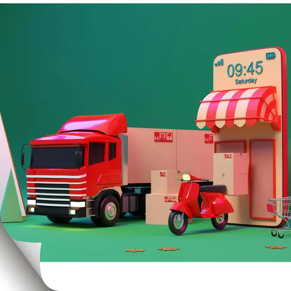 Fast food delivery service. Delivery truck with cardboard boxes. 3d vector illustration